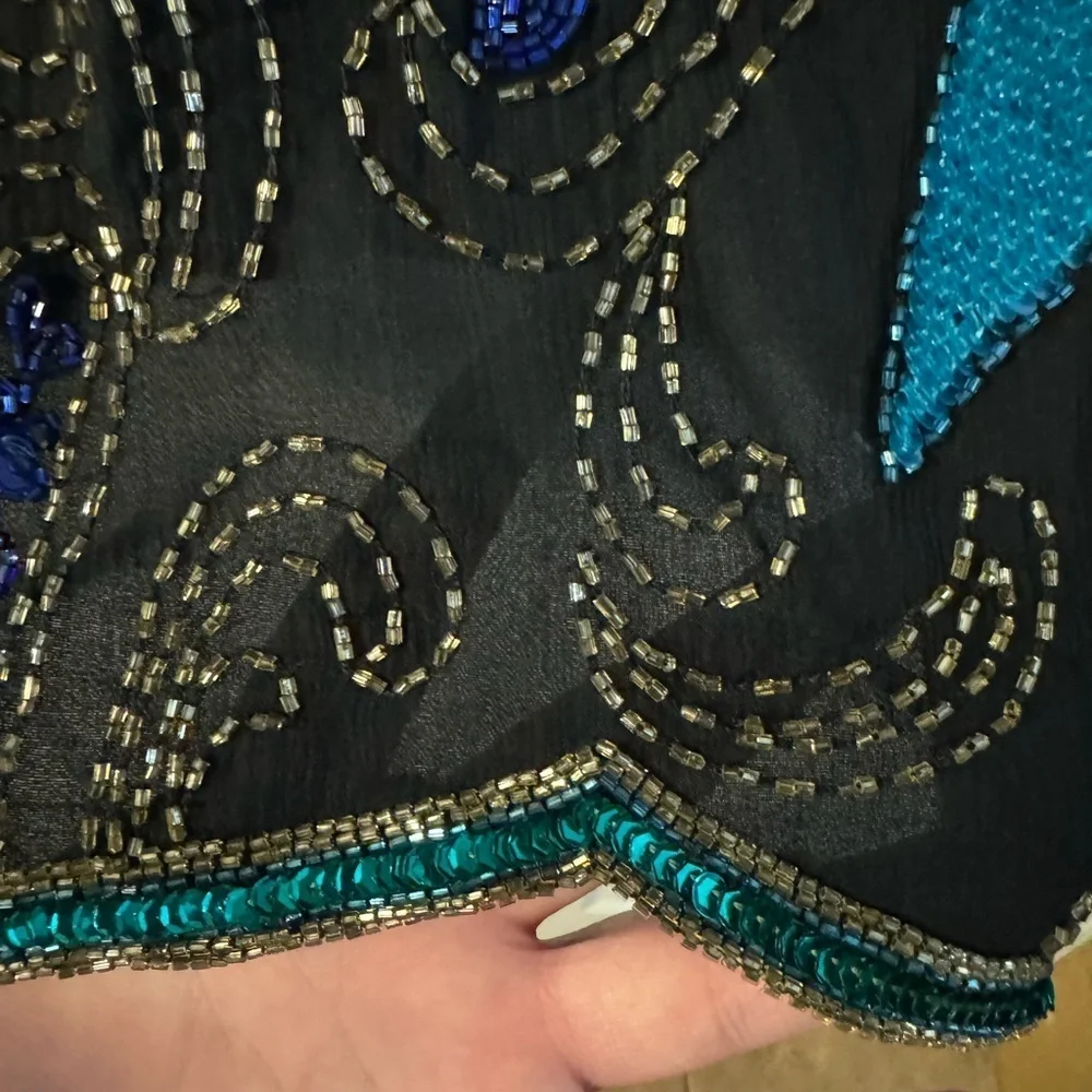 VTG Scala Beaded Silk Blouse Long Sleeve Elegant Party Sparkle Top Blue Purple - Picture 10 of 16